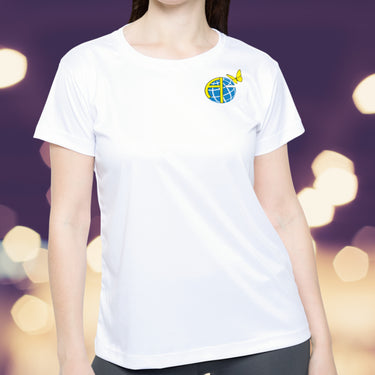 Women’s sport jersey with Anakainoo International logo, breathable moisture-wicking fabric with globe and butterfly design symbolizing spiritual transformation and renewal through intimacy with God, woman wearing white sports jersey
